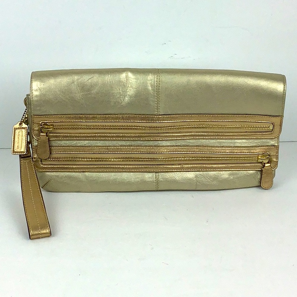 Coach Foldover  Clutch Metallic with Large Wiristlet Strap Purse size 14”by 7”